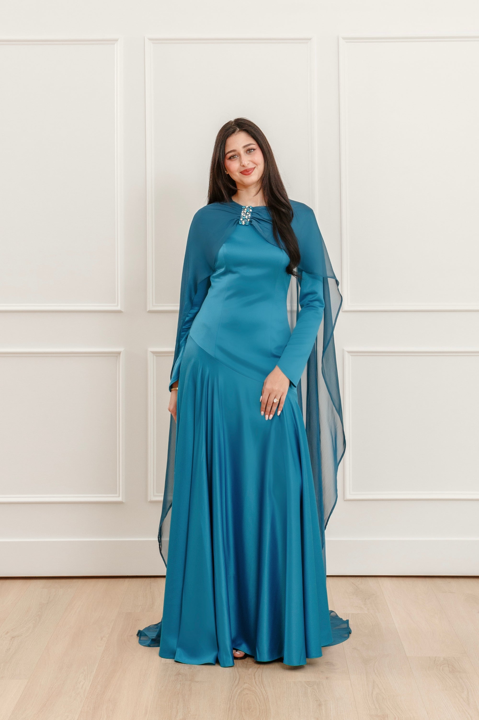 Teal Embellished Chiffon Cape Gown - Hijabi Modest Evening Gowns in USA Summer Evenings Teal Embellished Chiffon Cape Gown - Hijabi Modest Evening Gowns in USA Summer Evenings