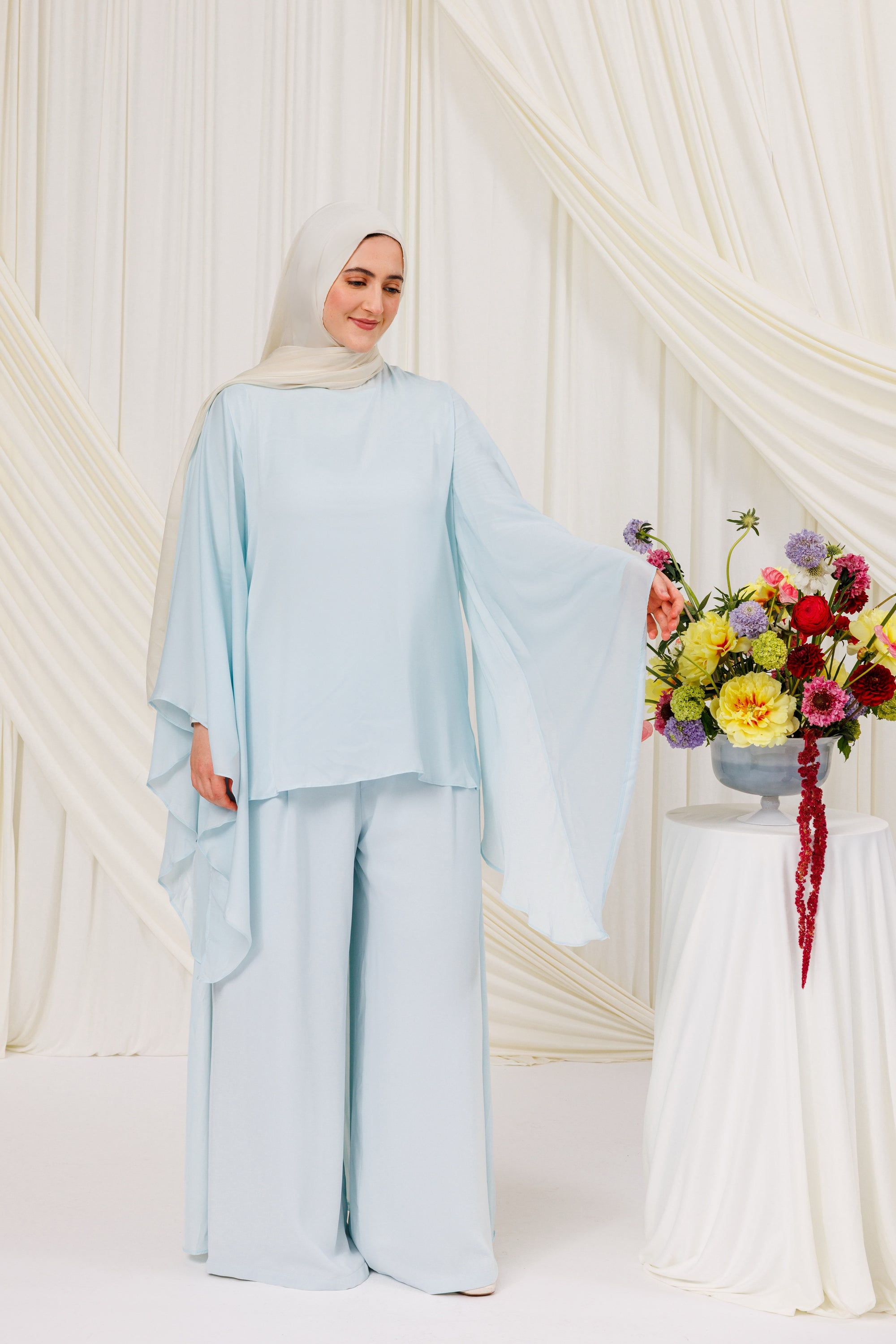 Sky Blue Chiffon Cape Tunic Set (3 pcs)- Final Sale