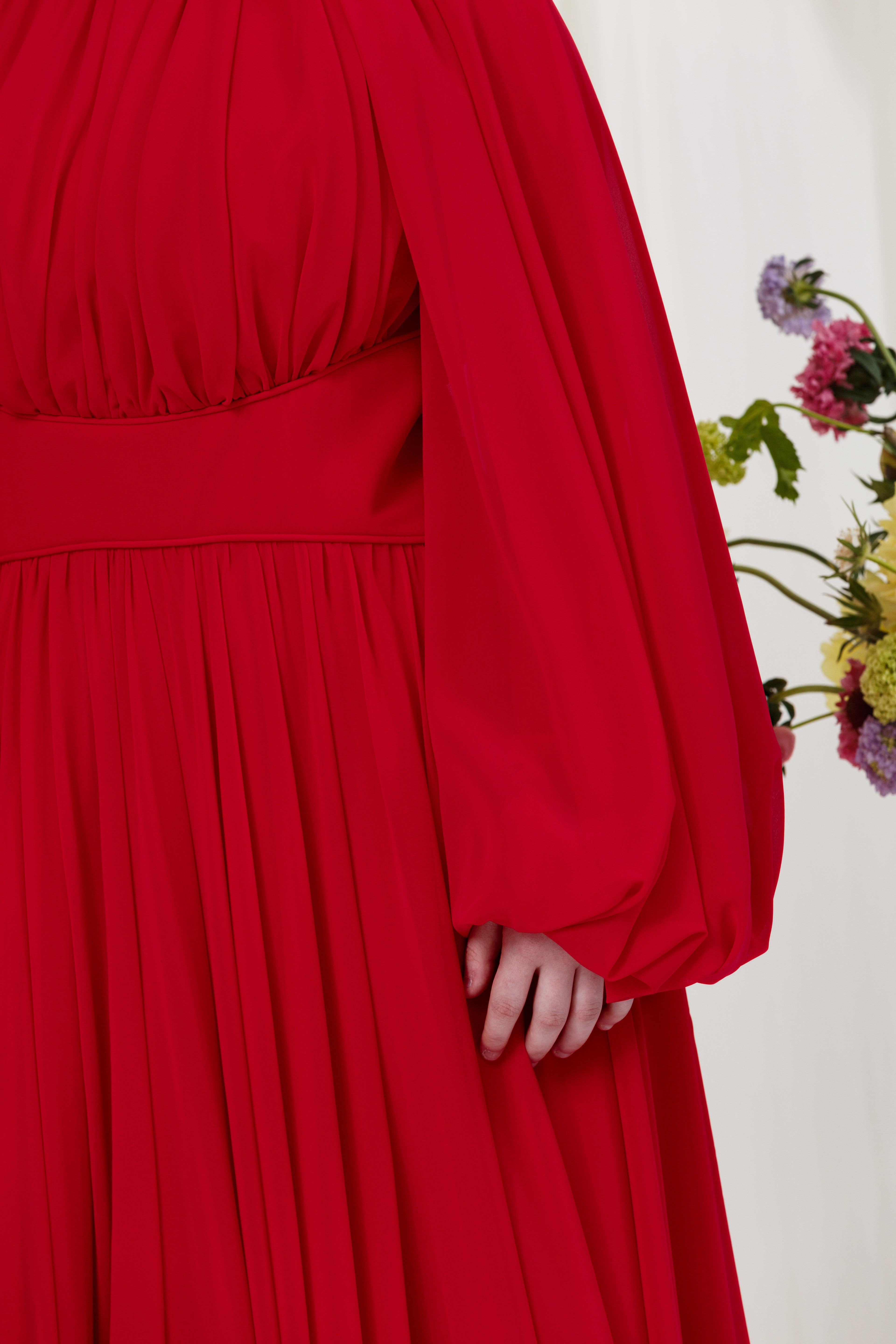Red Structured Belt Gown