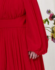 Red Structured Belt Gown