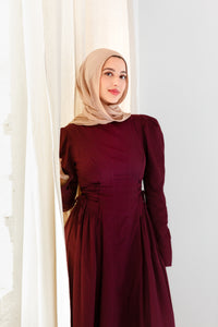Burgundy Puff Sleeve Lace Up Dress - Final Sale