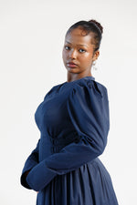 Load image into Gallery viewer, Navy Puff Sleeve Lace Up Dress - Final Sale
