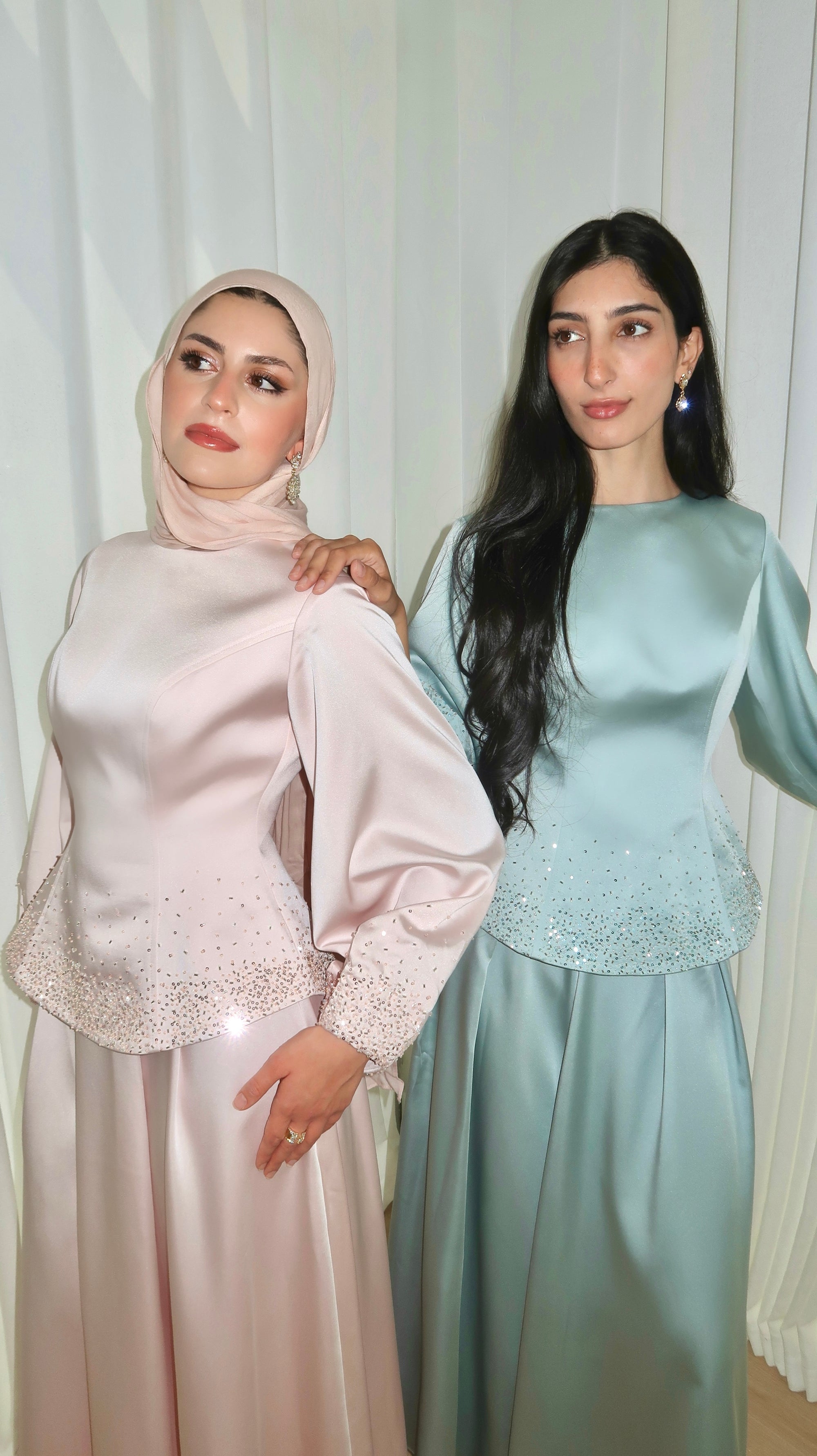 Blush Pink Embellished Satin Peplum Set
