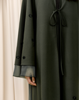 Dark Moss Beaded Floral Chiffon Cuff Abaya (2 pc)