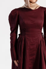 Load image into Gallery viewer, Burgundy Puff Sleeve Lace Up Dress - Final Sale
