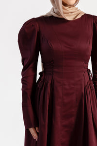 Burgundy Puff Sleeve Lace Up Dress - Final Sale