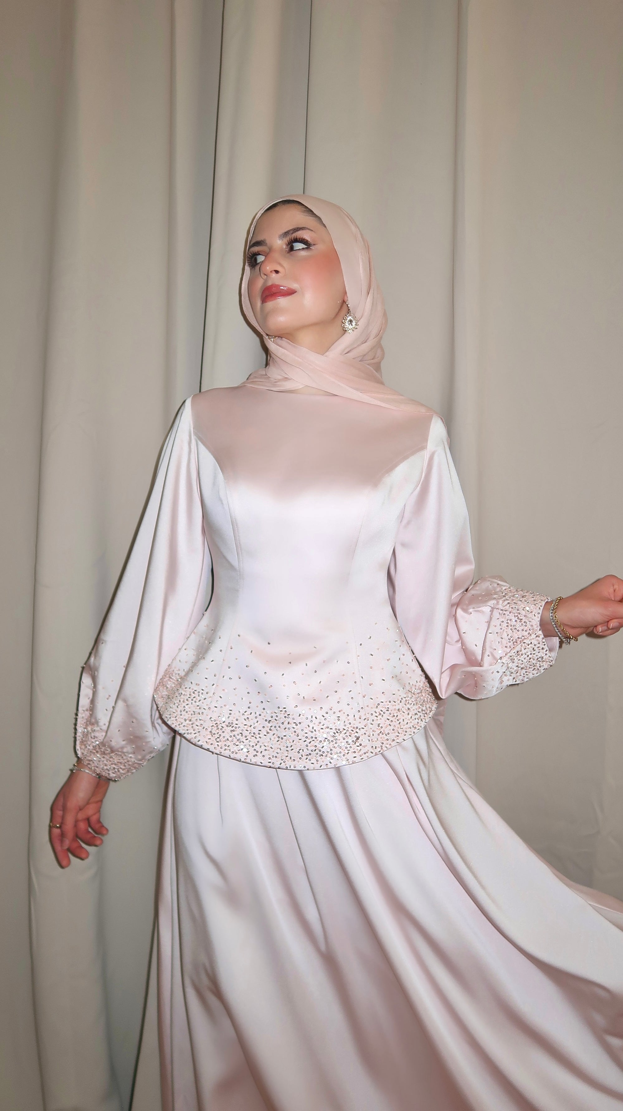 Blush Pink Embellished Satin Peplum Set
