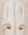 Ivory Beaded Floral Chiffon Cuff Abaya (2 pc)