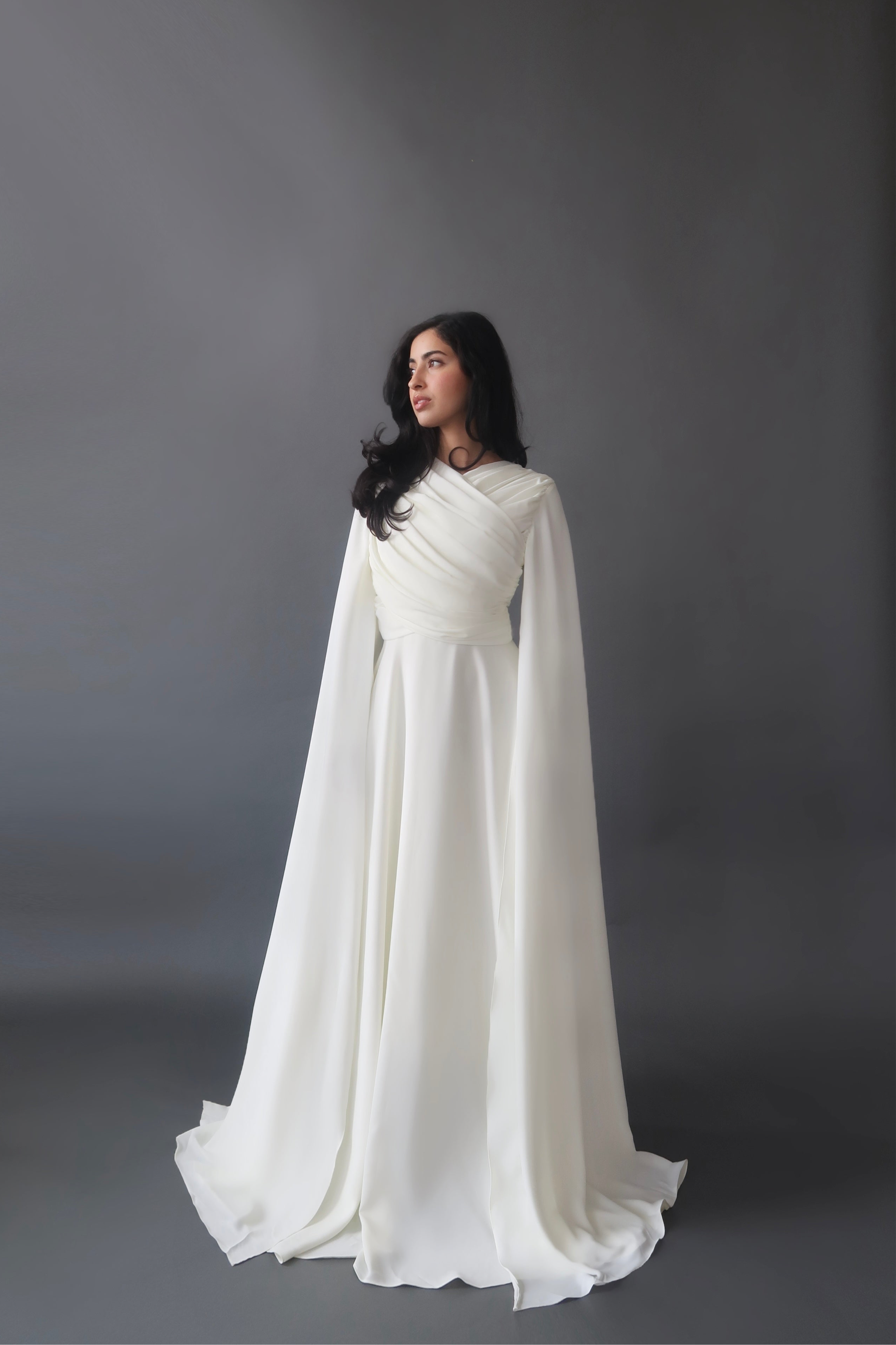 Eggshell White Cape Sleeve Gown