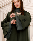 Dark Moss Beaded Floral Chiffon Cuff Abaya (2 pc)