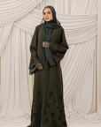 Dark Moss Beaded Floral Chiffon Cuff Abaya (2 pc)