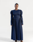 Navy Puff Sleeve Lace Up Dress - Final Sale