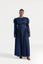 Load image into Gallery viewer, Navy Puff Sleeve Lace Up Dress - Final Sale
