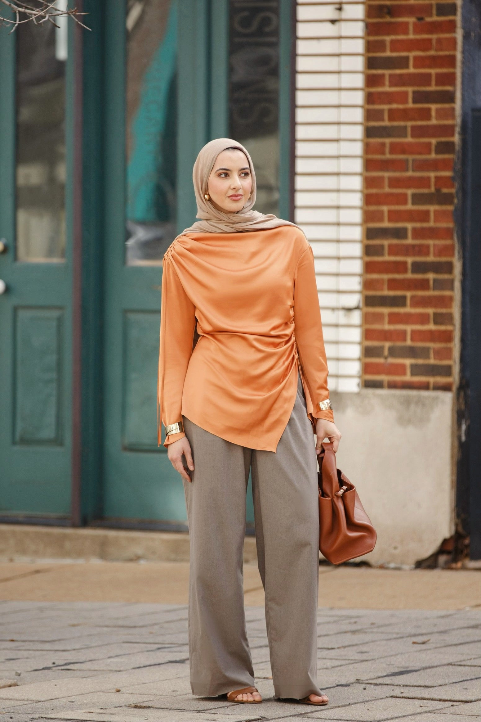 Burnt Orange Satin Ruched Tunic