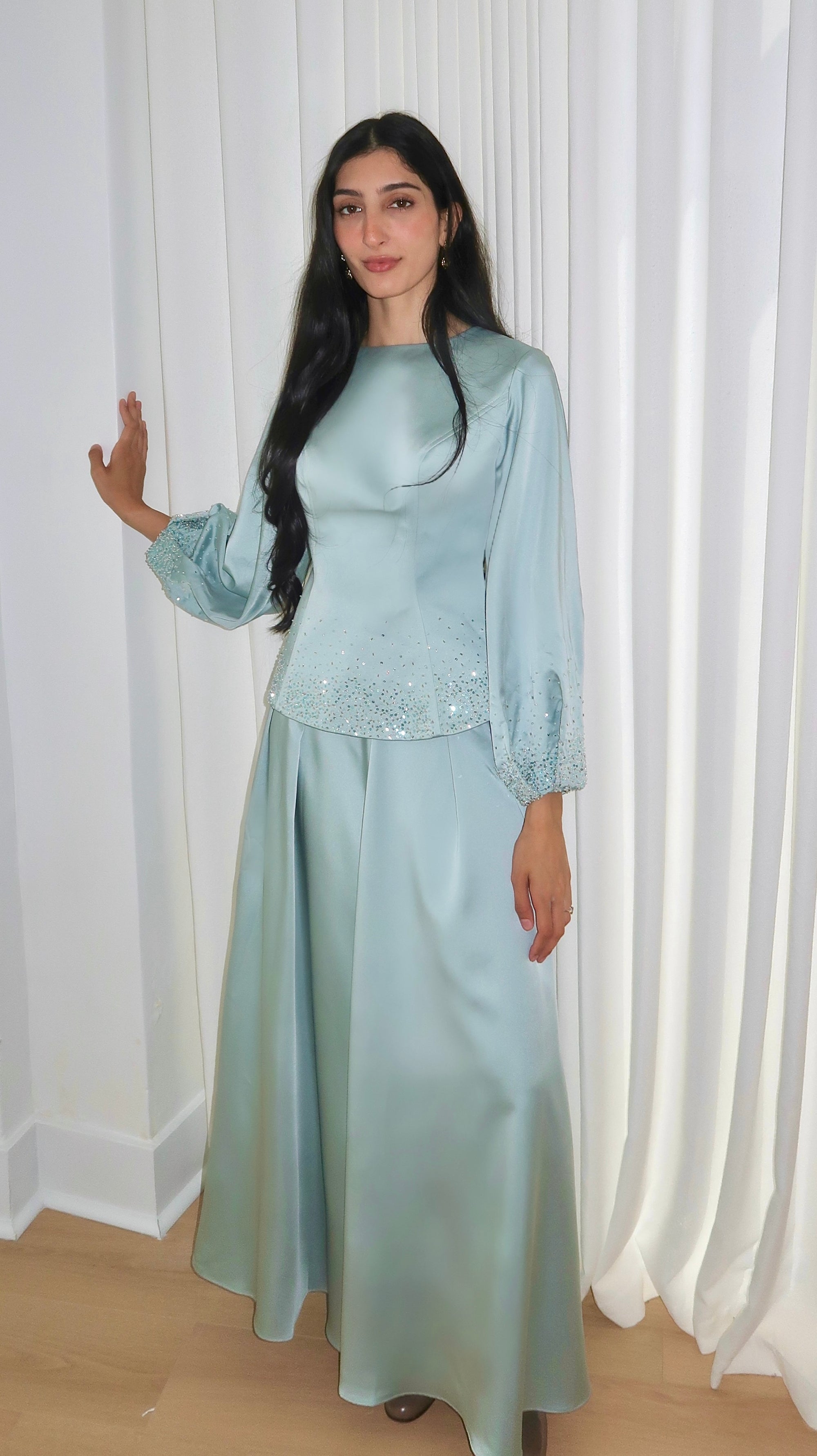 Icy Blue Embellished Satin Peplum Set