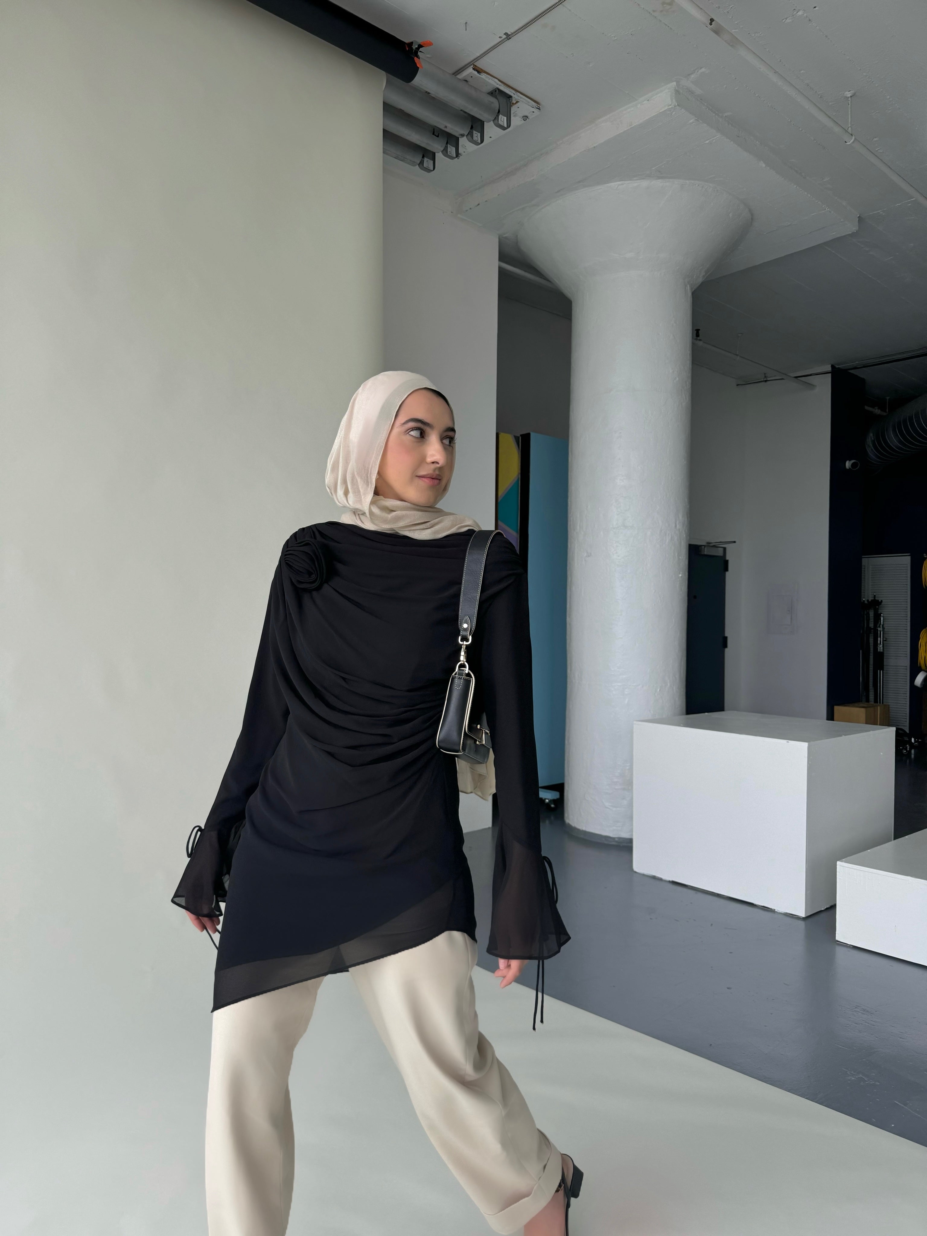Black Draped Rose Tunic- Final Sale