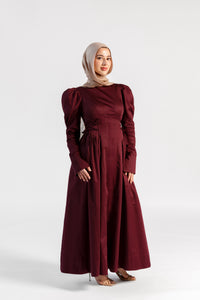Burgundy Puff Sleeve Lace Up Dress - Final Sale