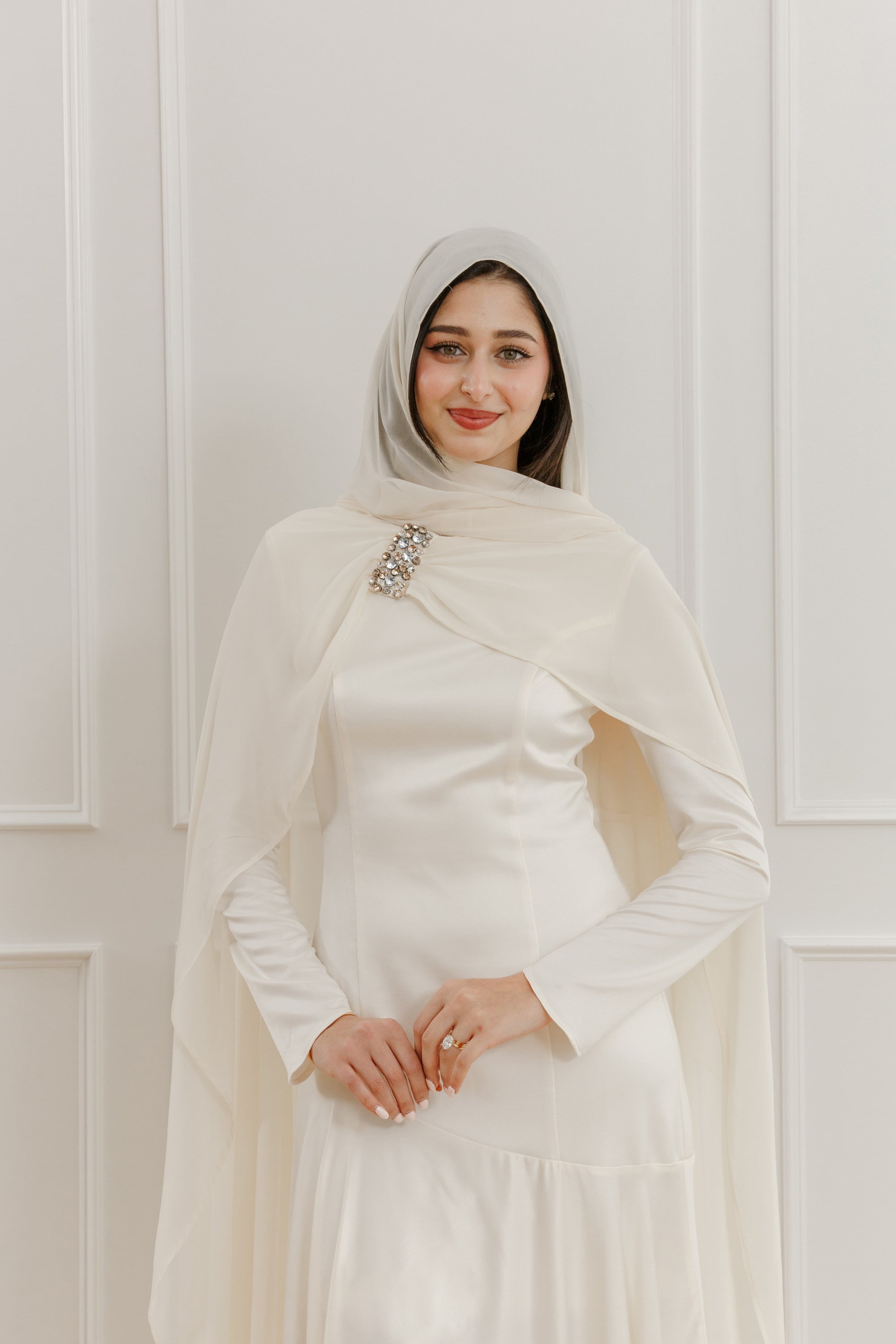 white dress with chiffon cape Millie Structured Chiffon Cape Mini Dress | White