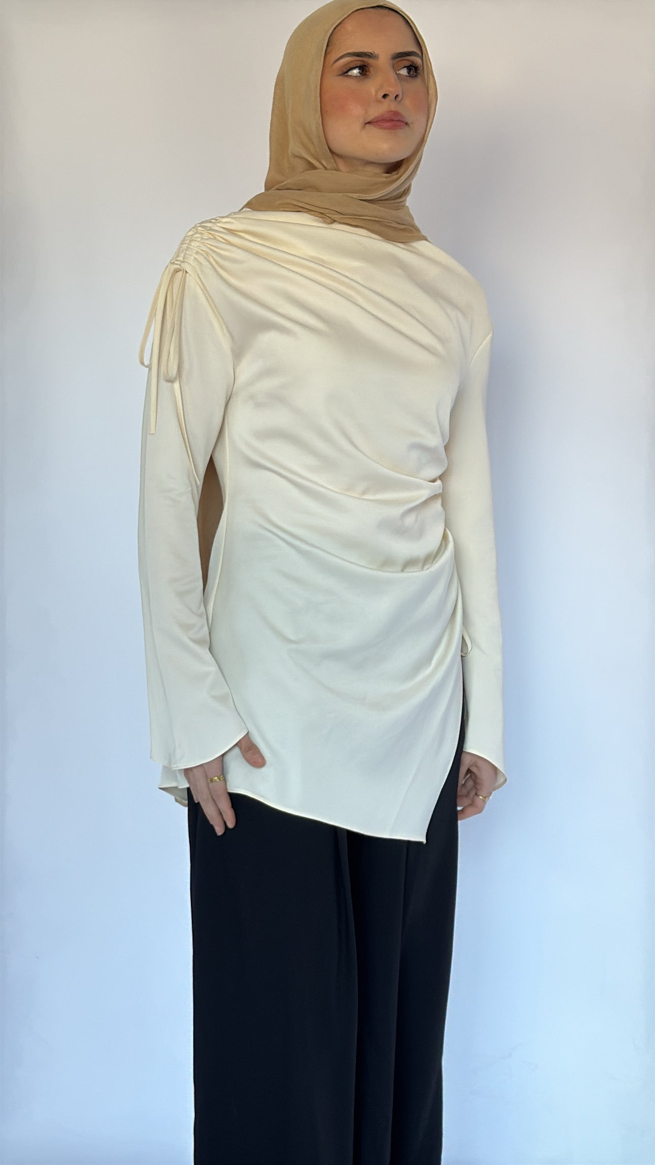 Cream Satin Ruched Tunic