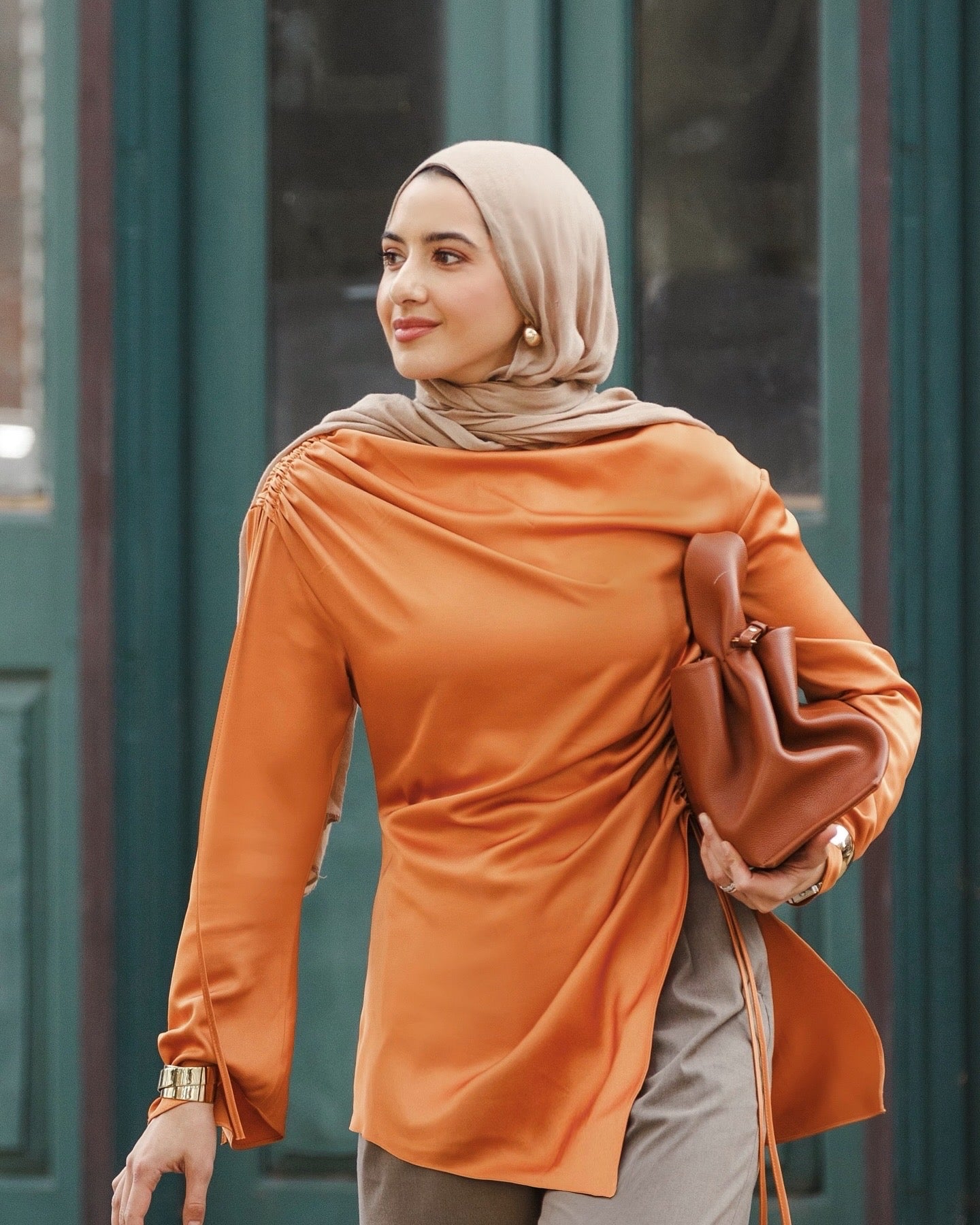 Burnt Orange Satin Ruched Tunic