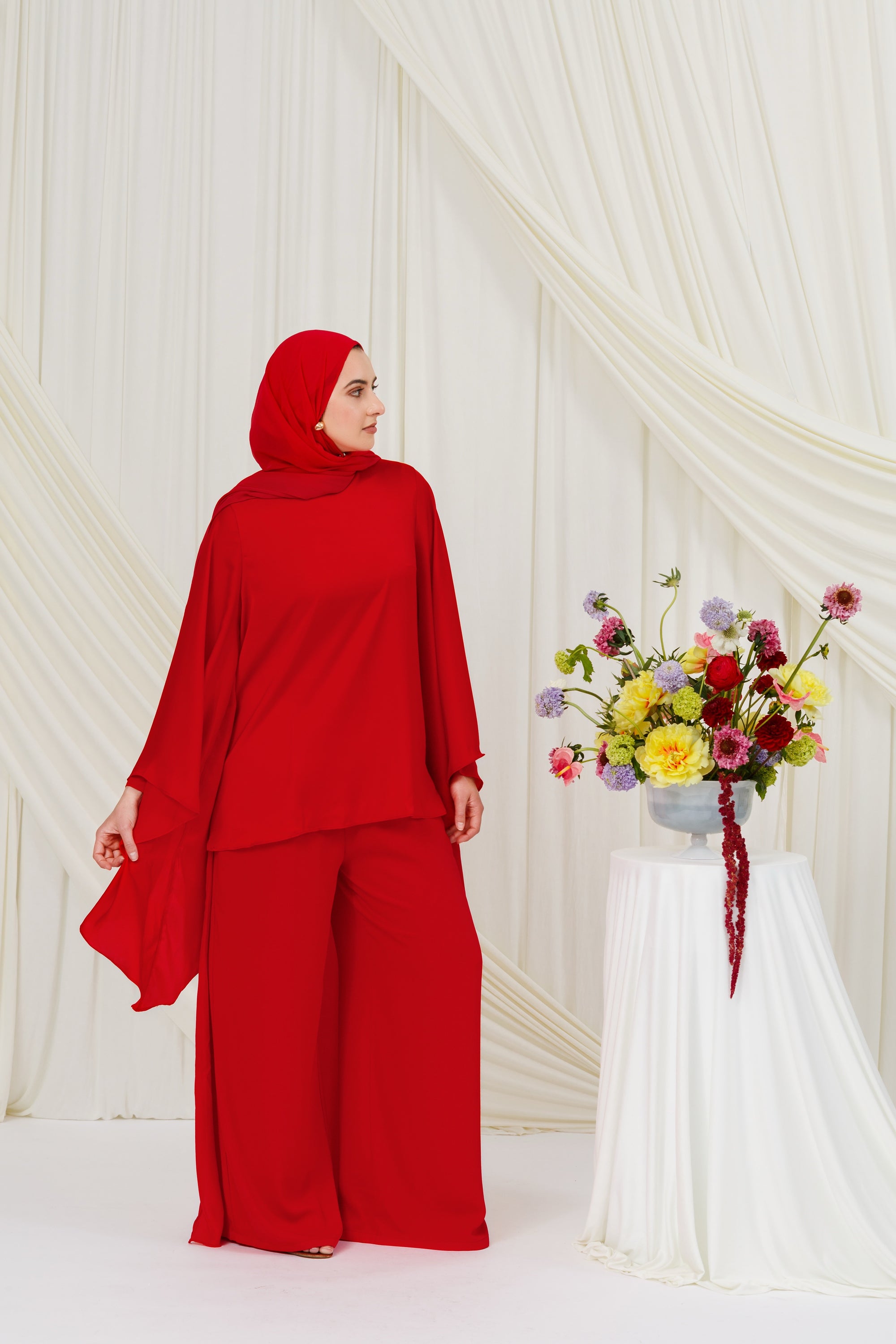 Red Chiffon Cape Tunic Set (3 pcs)- Final Sale