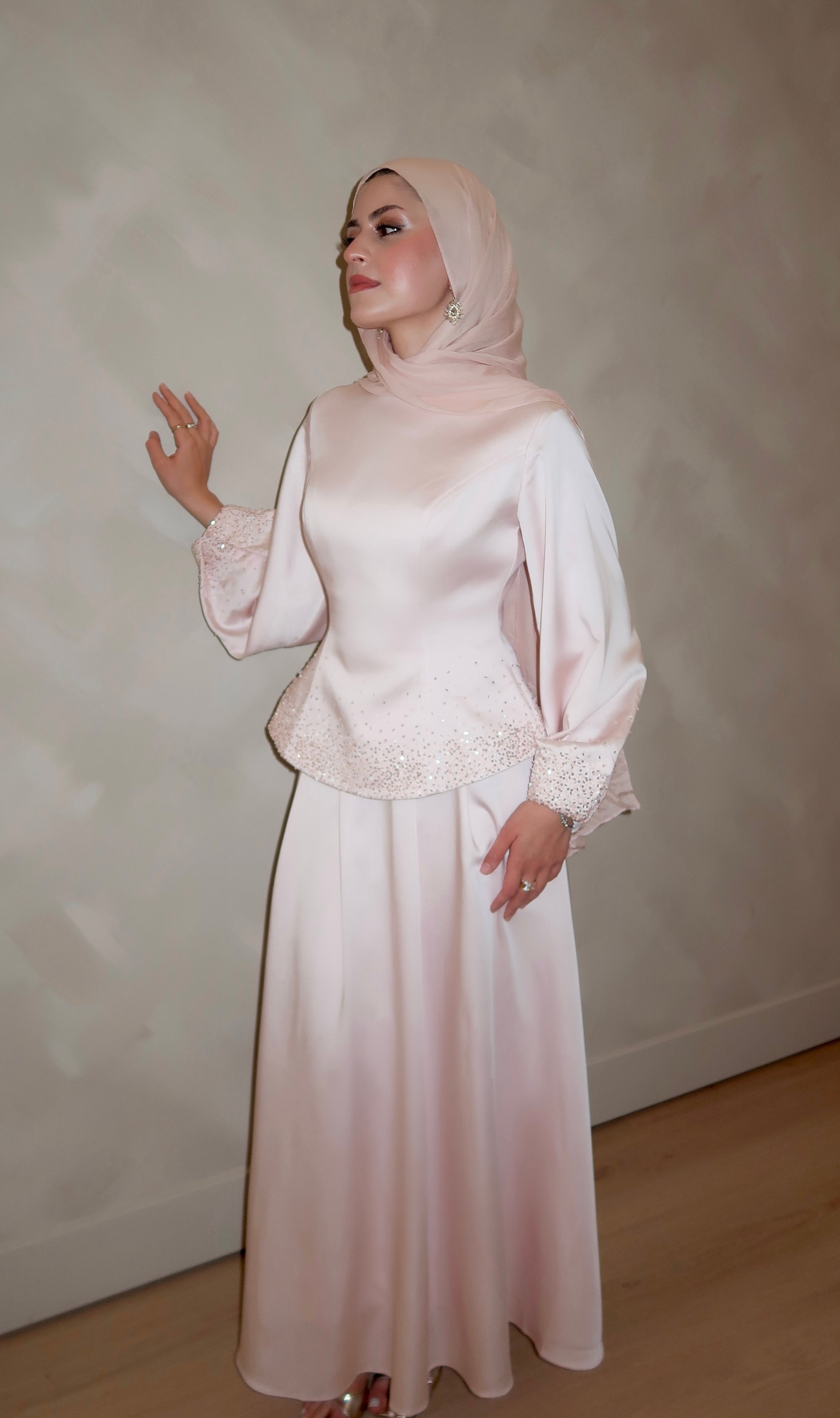 Blush Pink Embellished Satin Peplum Set