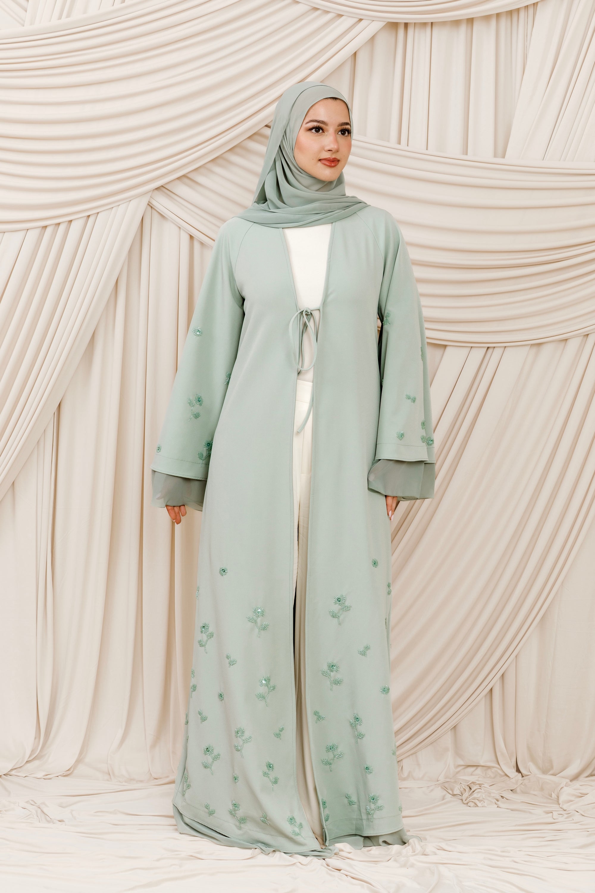 Mint Beaded Floral Chiffon Cuff Abaya (2 pc)