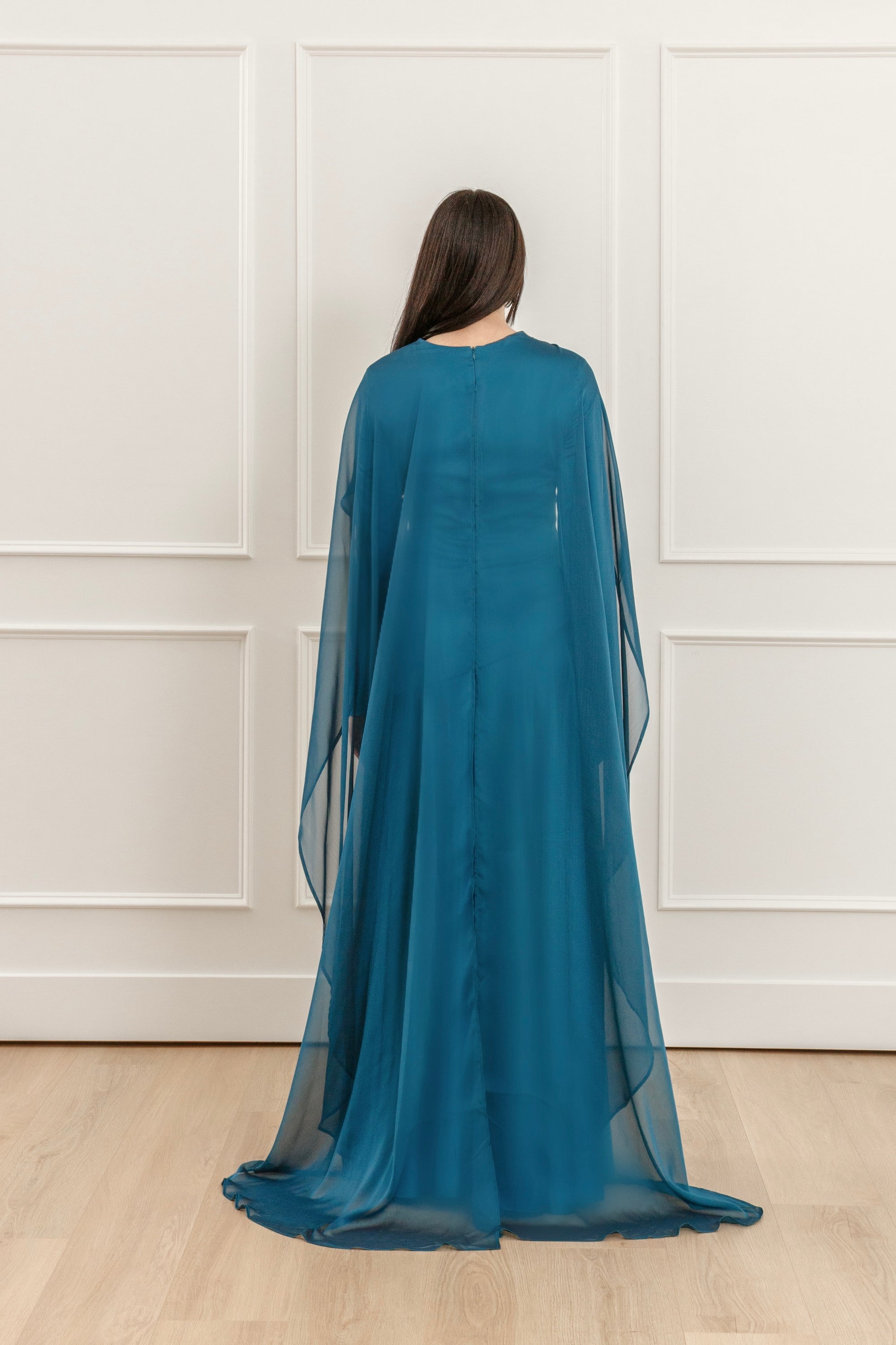 Teal Embellished Chiffon Cape Gown - Hijabi Modest Evening Gowns in USA Summer Evenings Teal Embellished Chiffon Cape Gown - Hijabi Modest Evening Gowns in USA Summer Evenings
