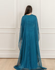Teal Embellished Chiffon Cape Gown