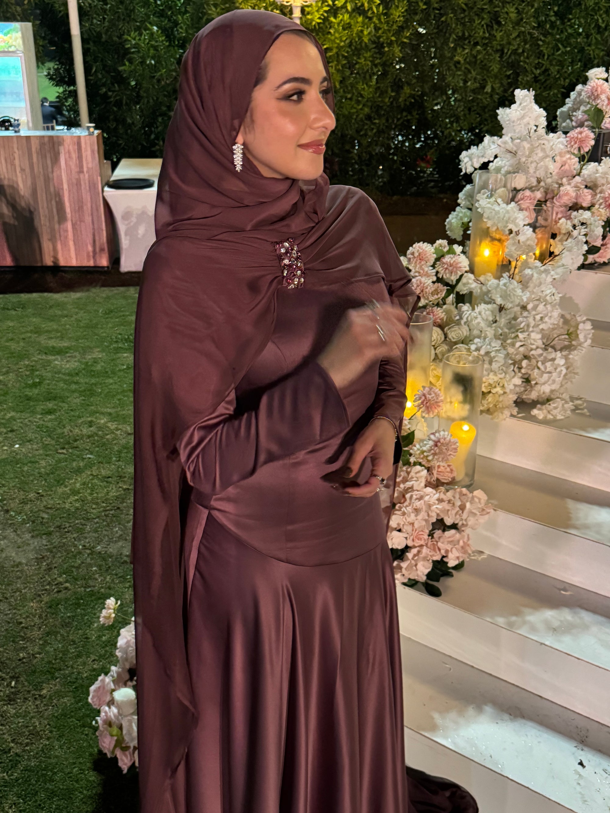 Plum Embellished Chiffon Cape Gown - Hijabi Modest Evening Gowns in USA Summer Evenings Plum Embellished Chiffon Cape Gown - Hijabi Modest Evening Gowns in USA Summer Evenings