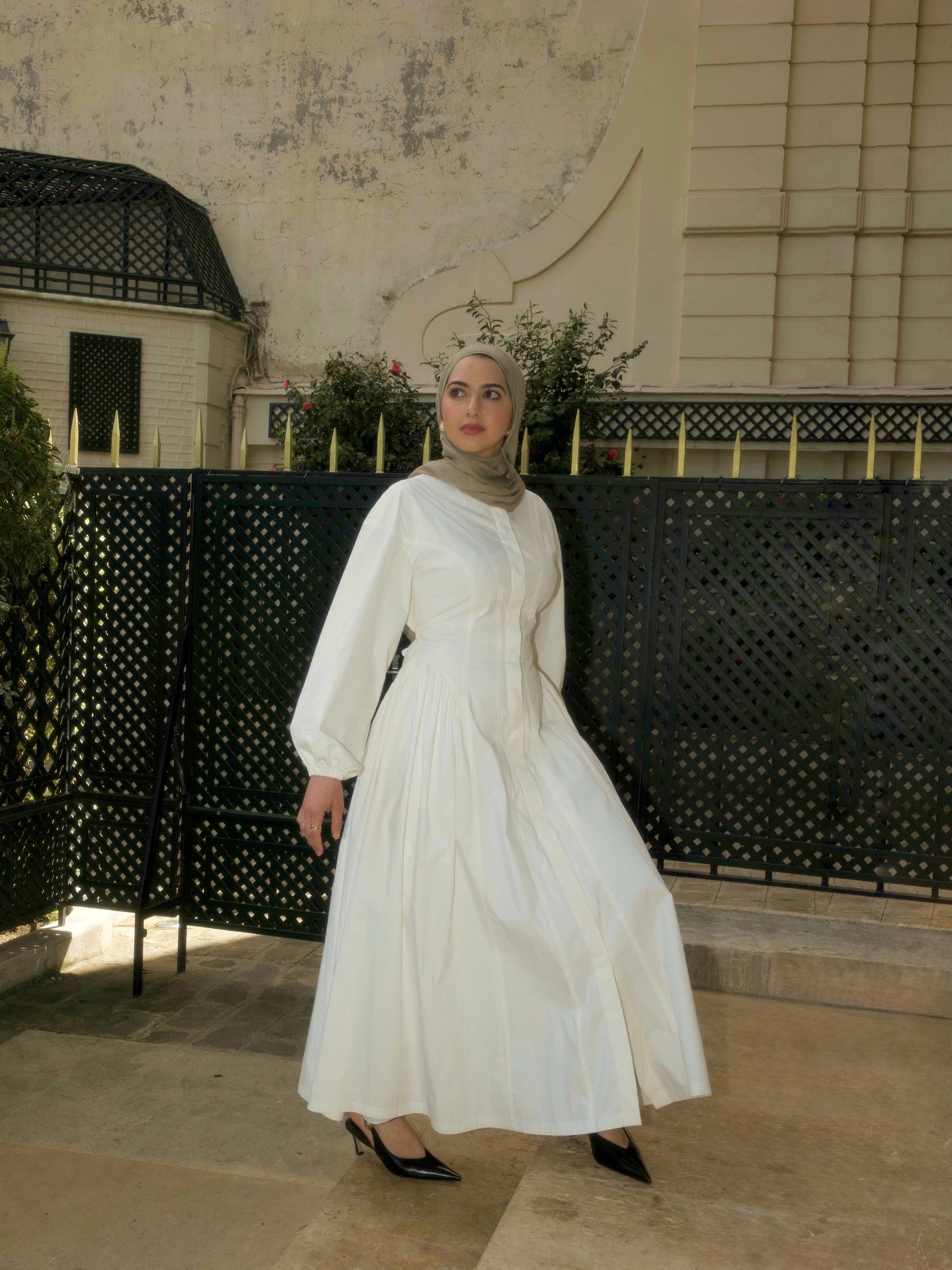 White Cinched Buttoned Dress