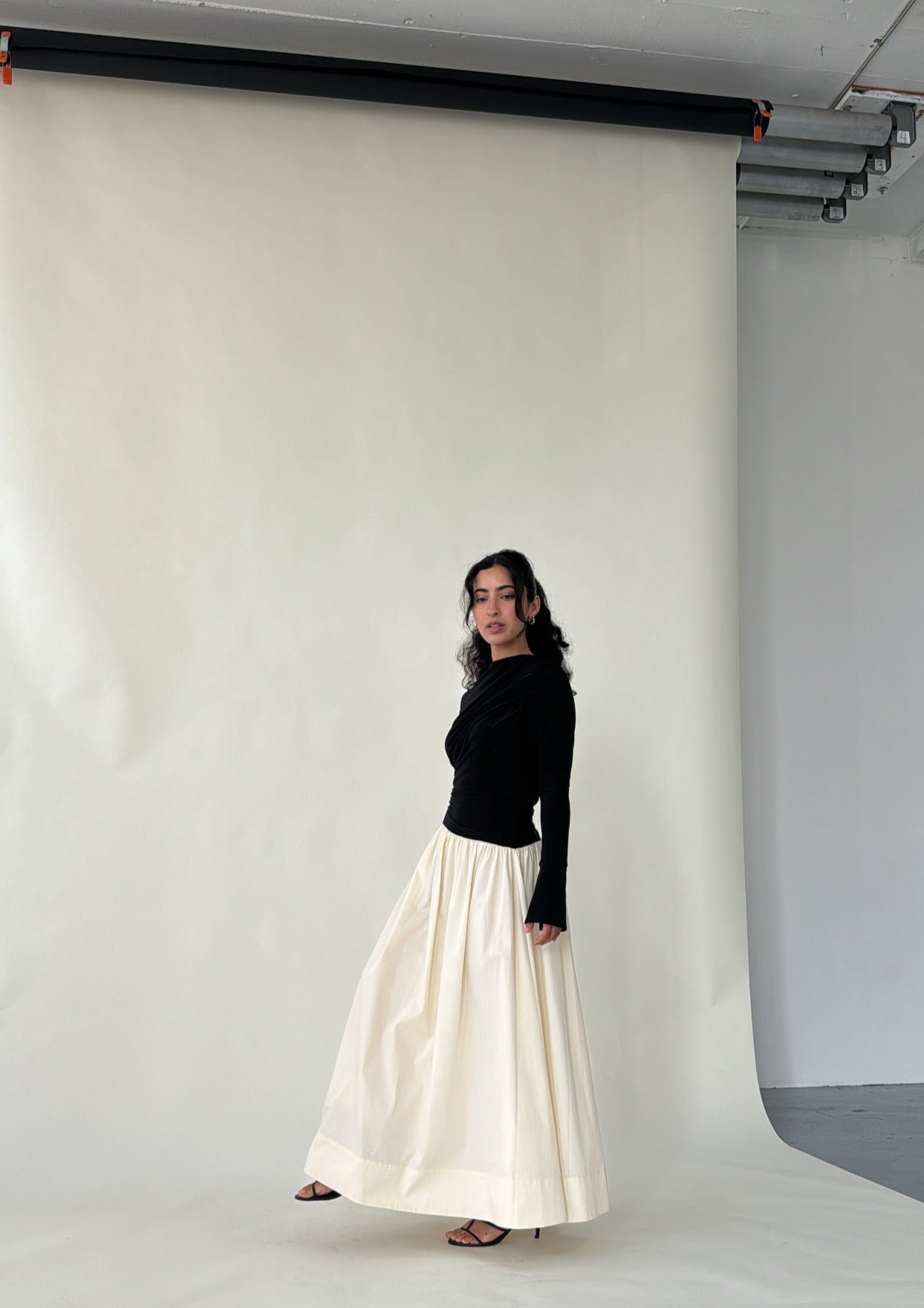 Black &amp; Cream Asymmetric Draped Dress