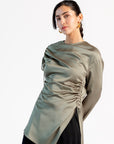 Olive Green Satin Ruched Tunic