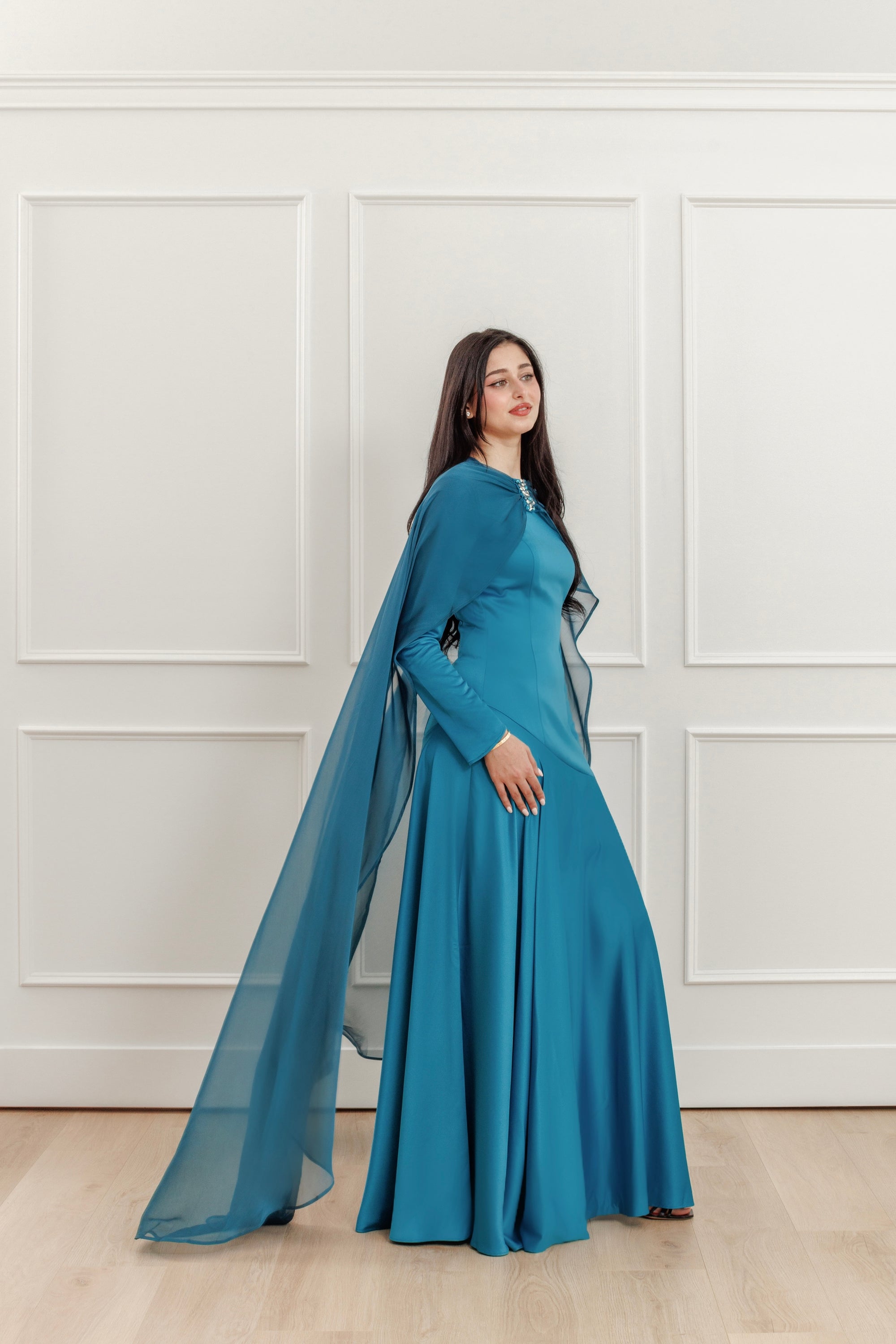 Teal Embellished Chiffon Cape Gown - XXS Teal Embellished Chiffon Cape Gown - XXS