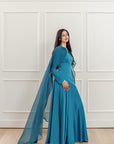 Teal Embellished Chiffon Cape Gown