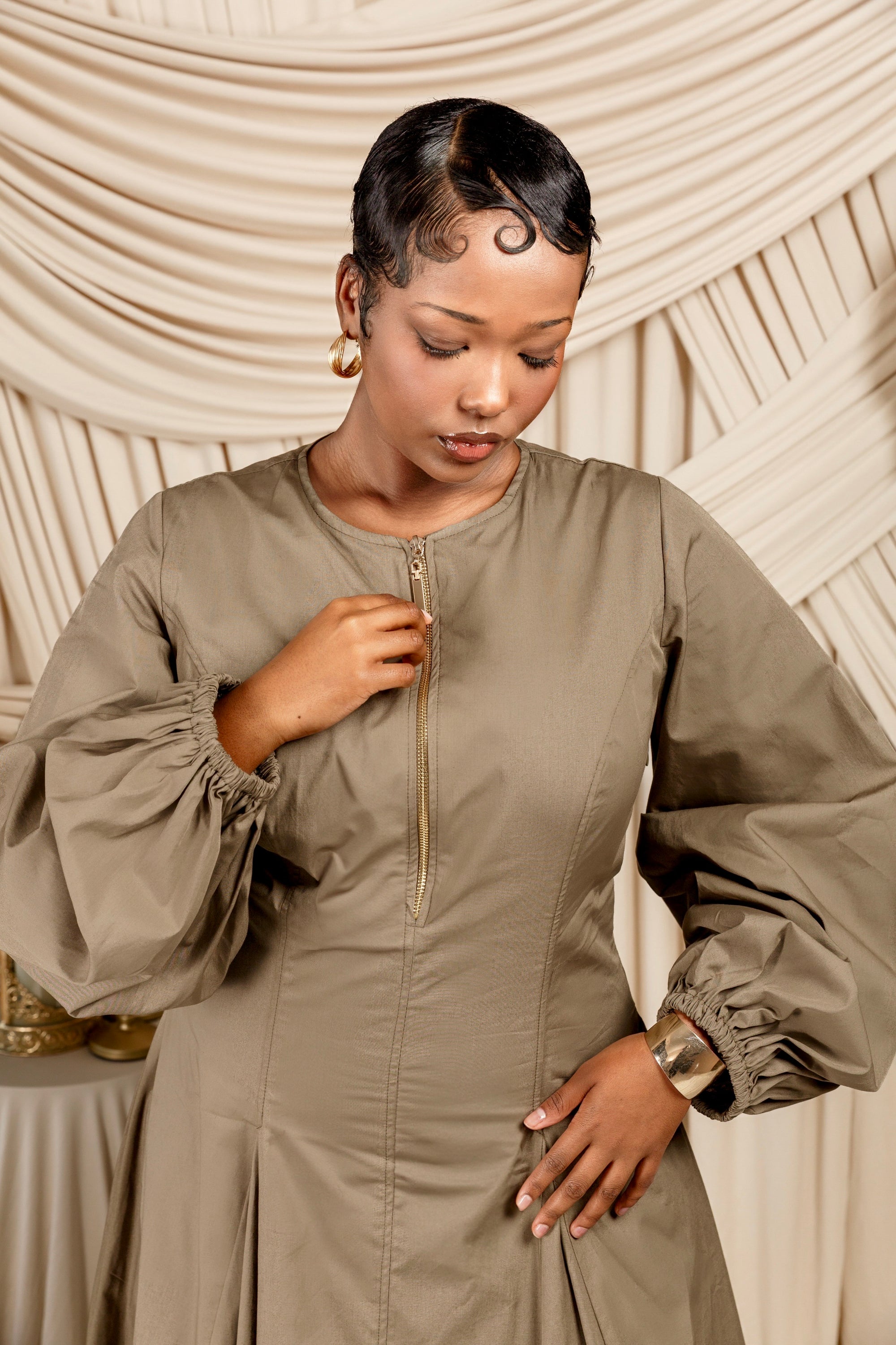 Dark Khaki Zip Up Cotton Pleated Dress- Final Sale