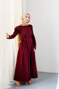 Burgundy Puff Sleeve Lace Up Dress - Final Sale