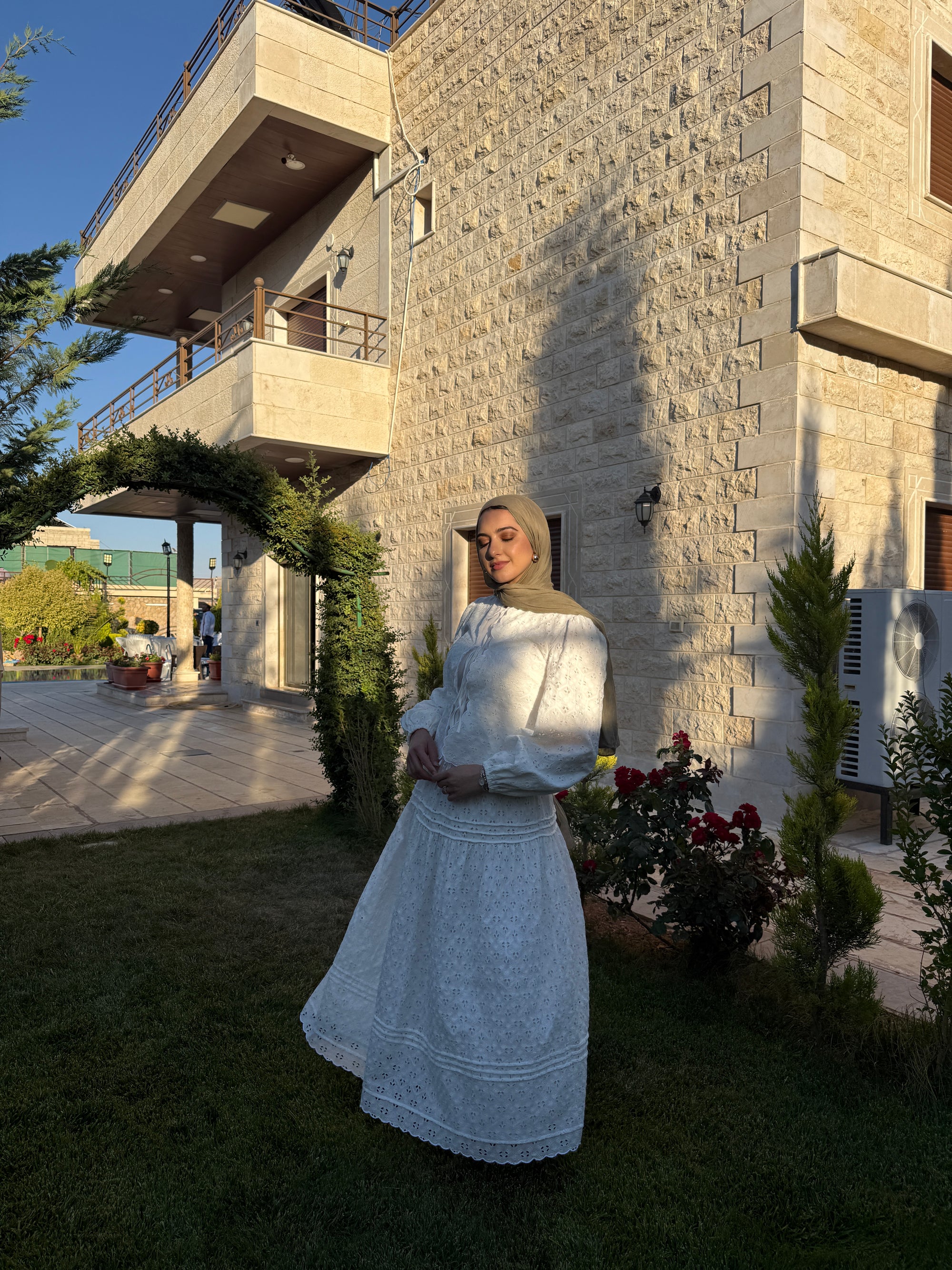 White Cotton Eyelet Lace Top &amp; Maxi Skirt Set