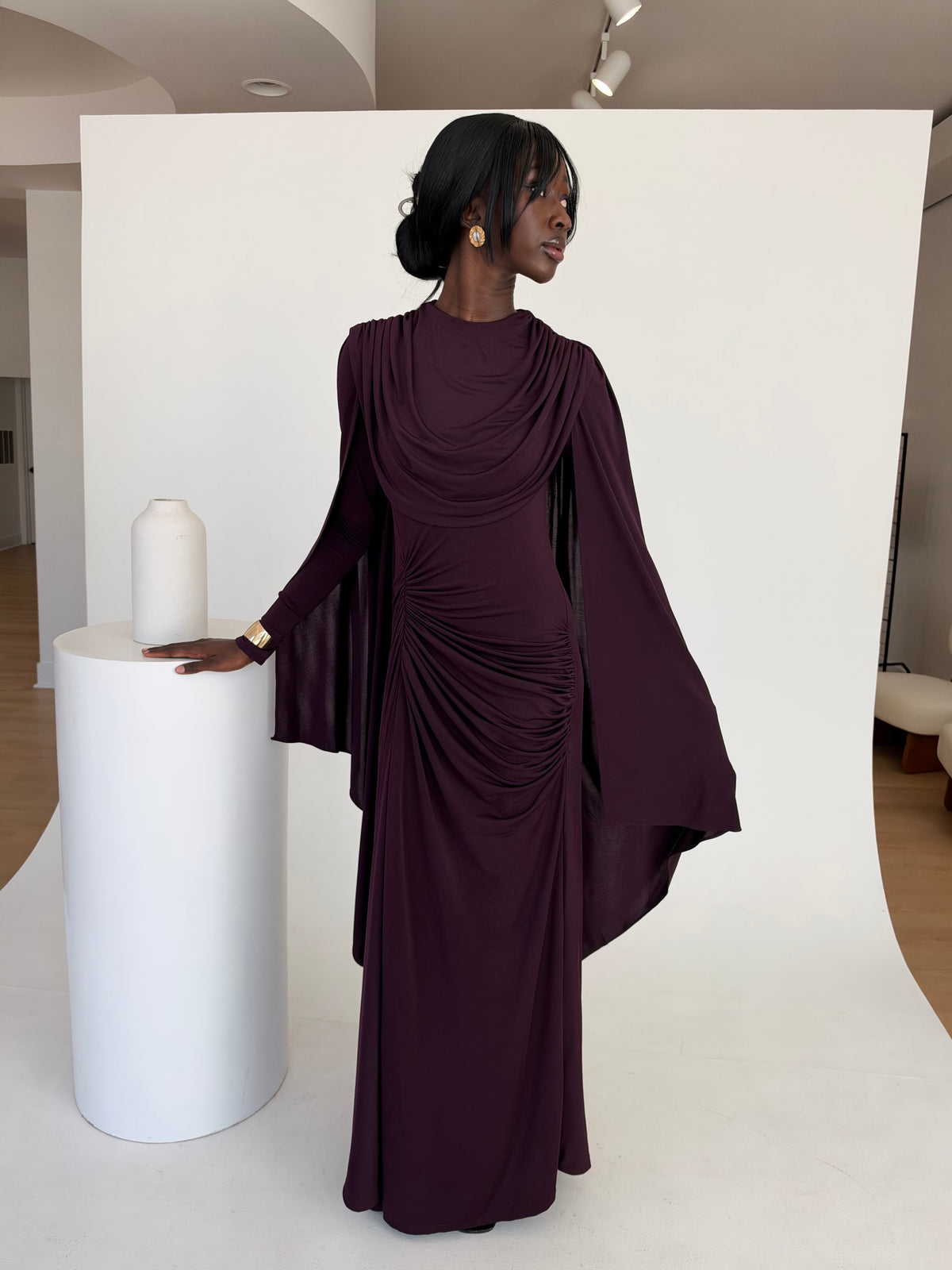 Plum Jersey Cape Gown