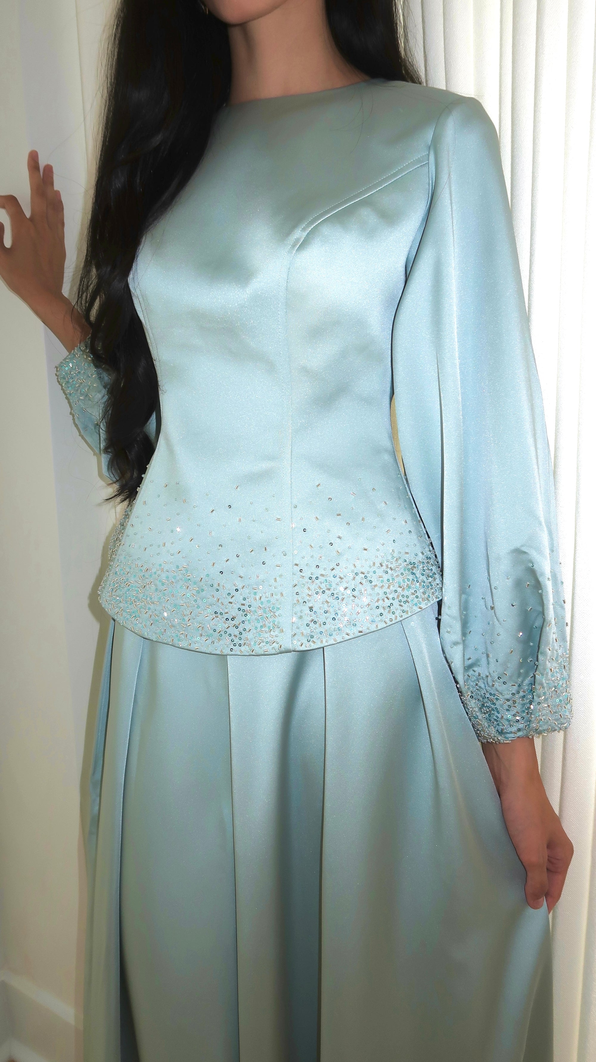Icy Blue Embellished Satin Peplum Set
