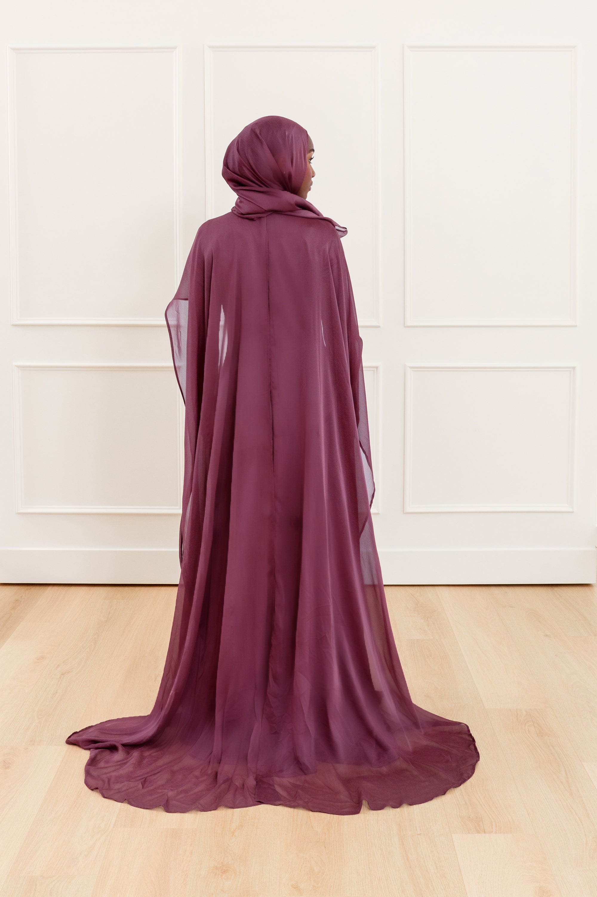 Plum Embellished Chiffon Cape Gown