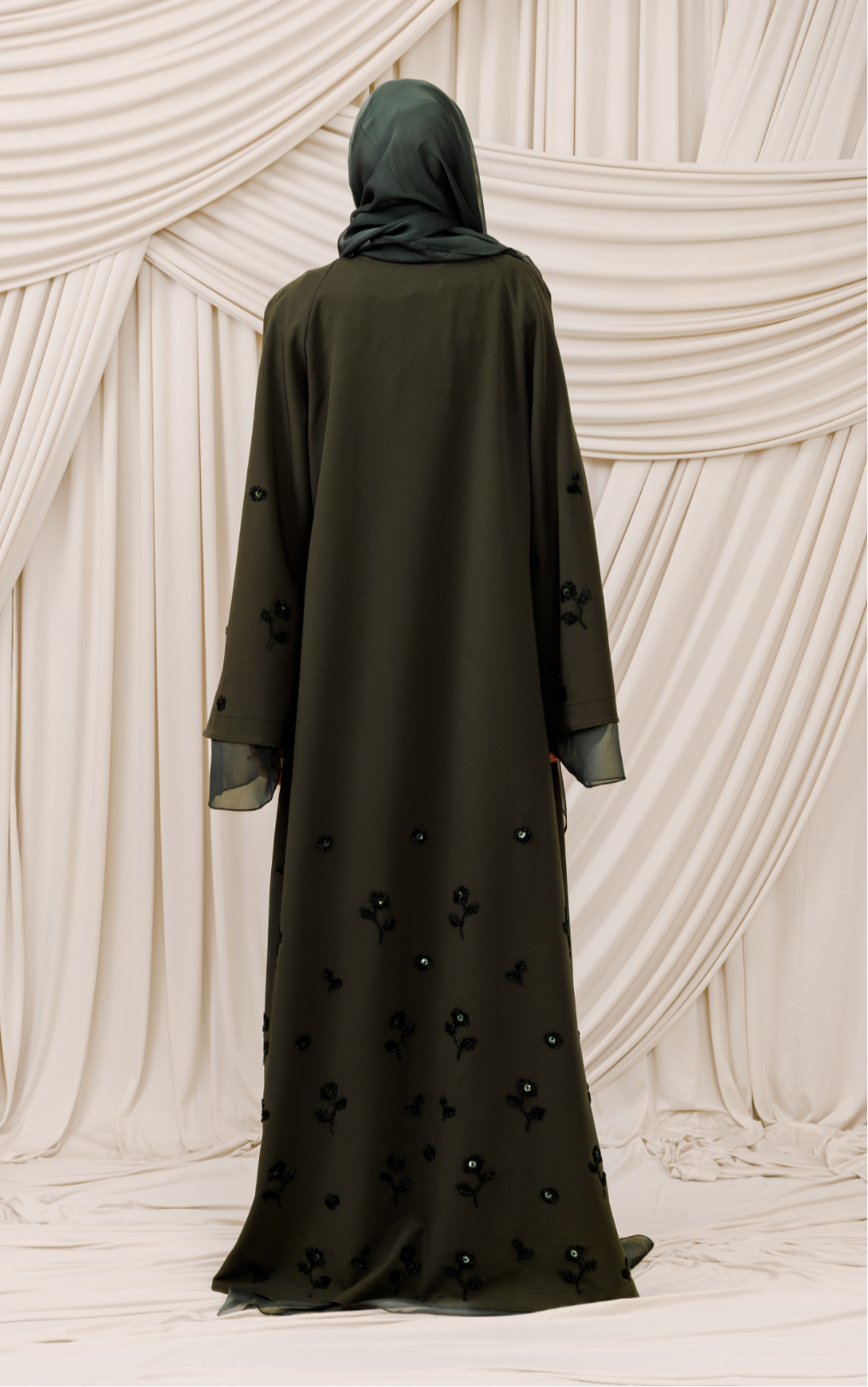 Dark Moss Beaded Floral Chiffon Cuff Abaya (2 pc)