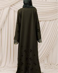 Dark Moss Beaded Floral Chiffon Cuff Abaya (2 pc)