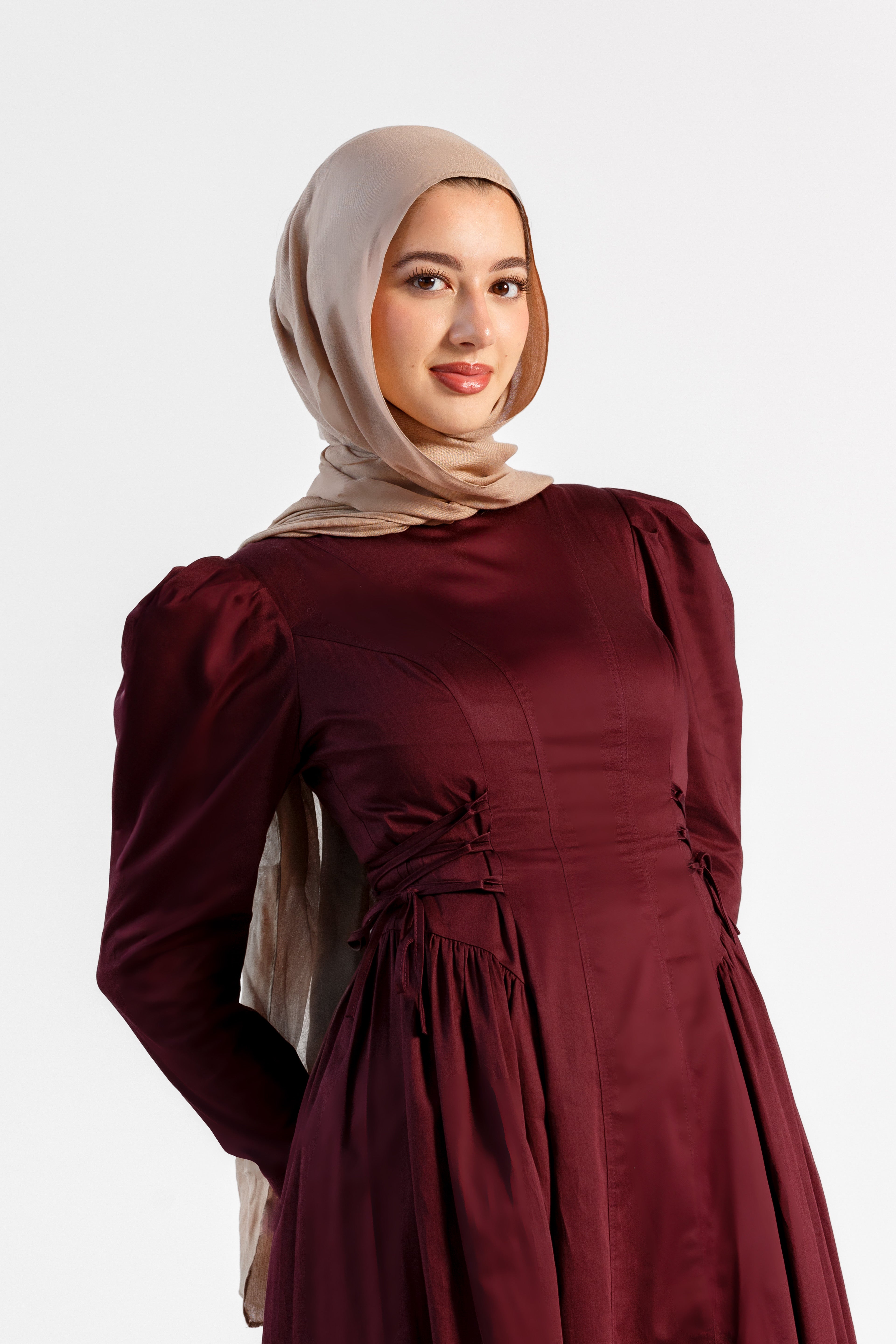 Burgundy Puff Sleeve Lace Up Dress - Final Sale