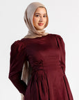 Burgundy Puff Sleeve Lace Up Dress - Final Sale