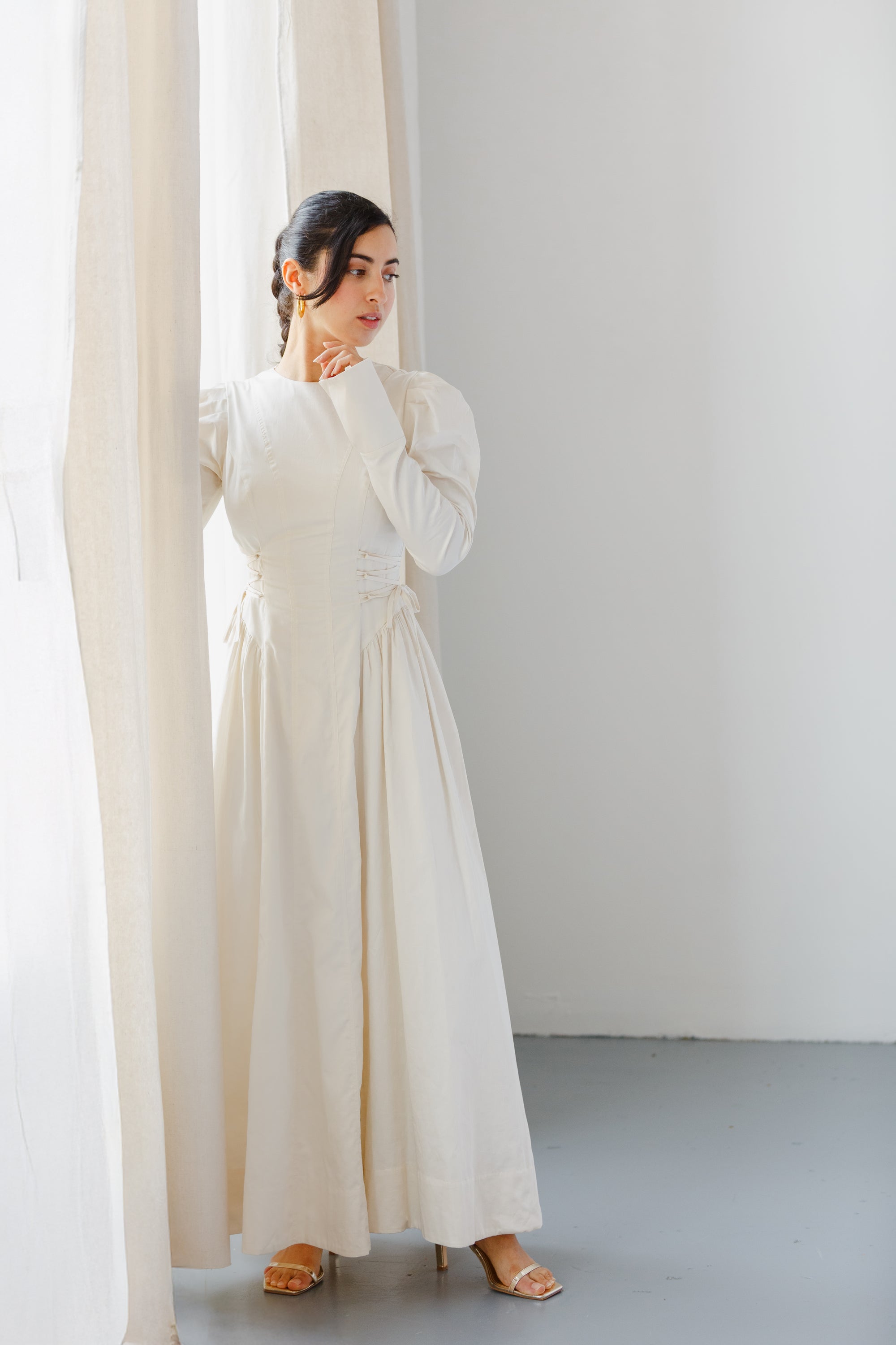 Cream Puff Sleeve Lace Up Dress- Final Sale