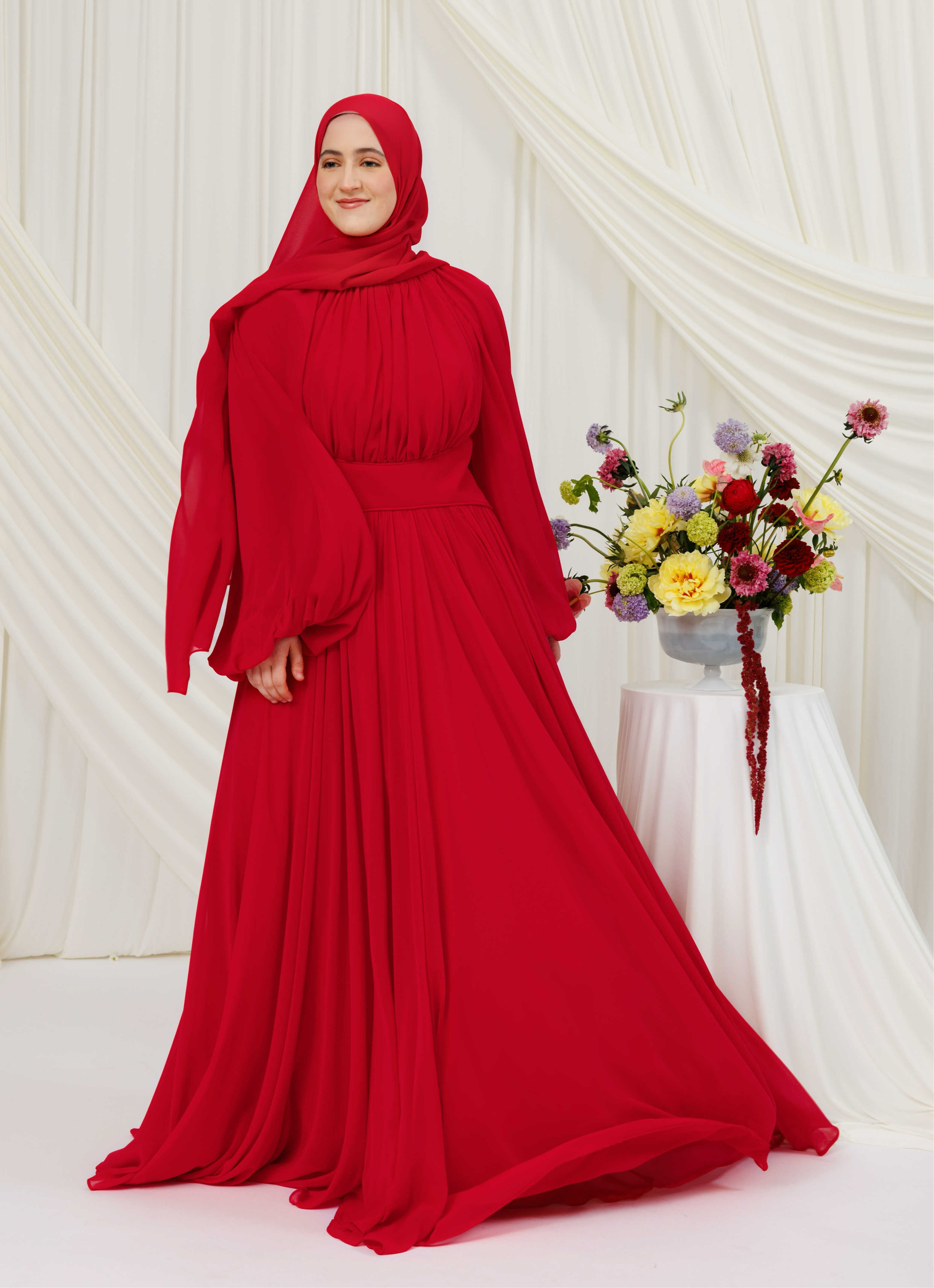 Red Structured Belt Gown