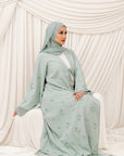 Mint Beaded Floral Chiffon Cuff Abaya (2 pc)