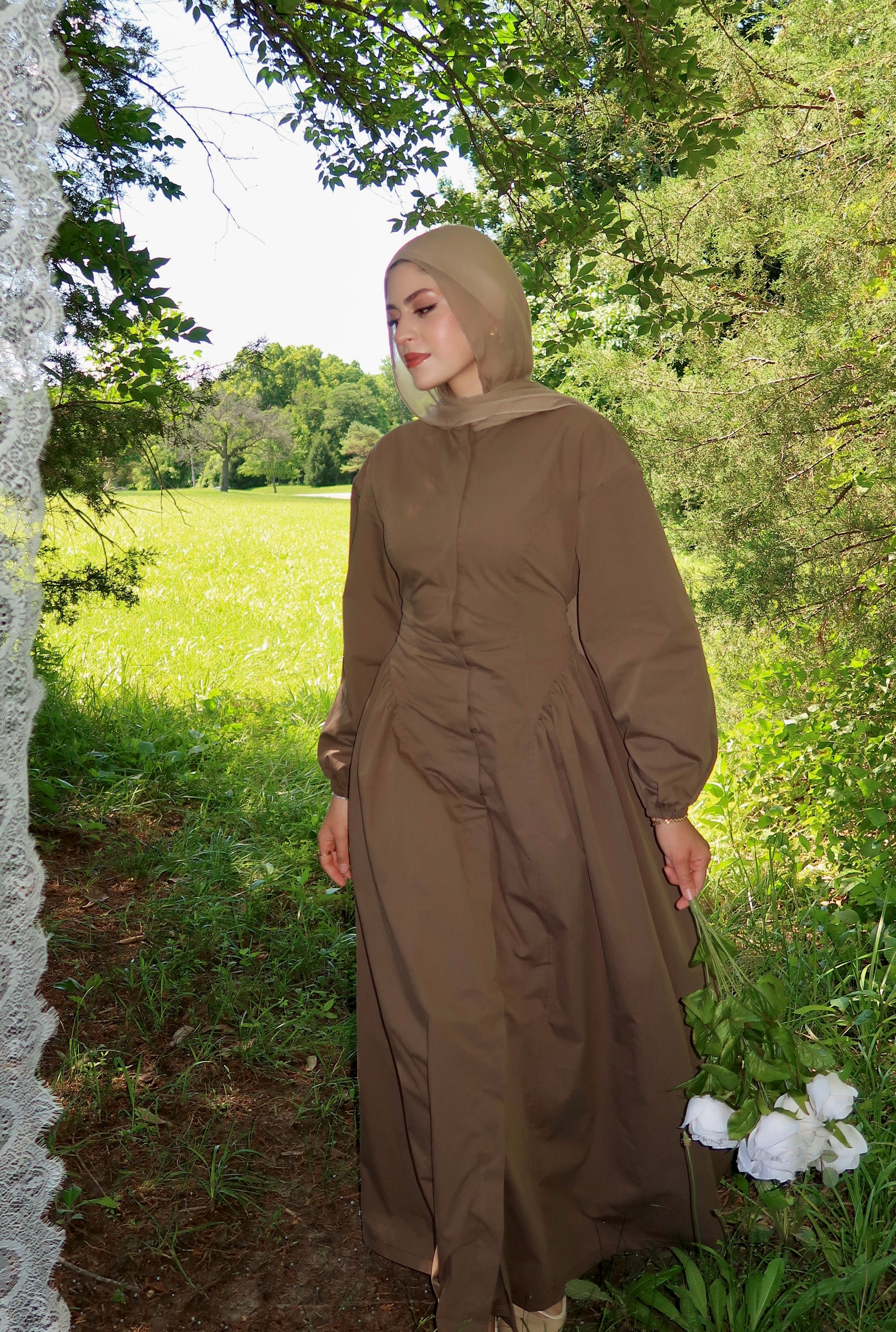 Mocha Cinched Buttoned Dress