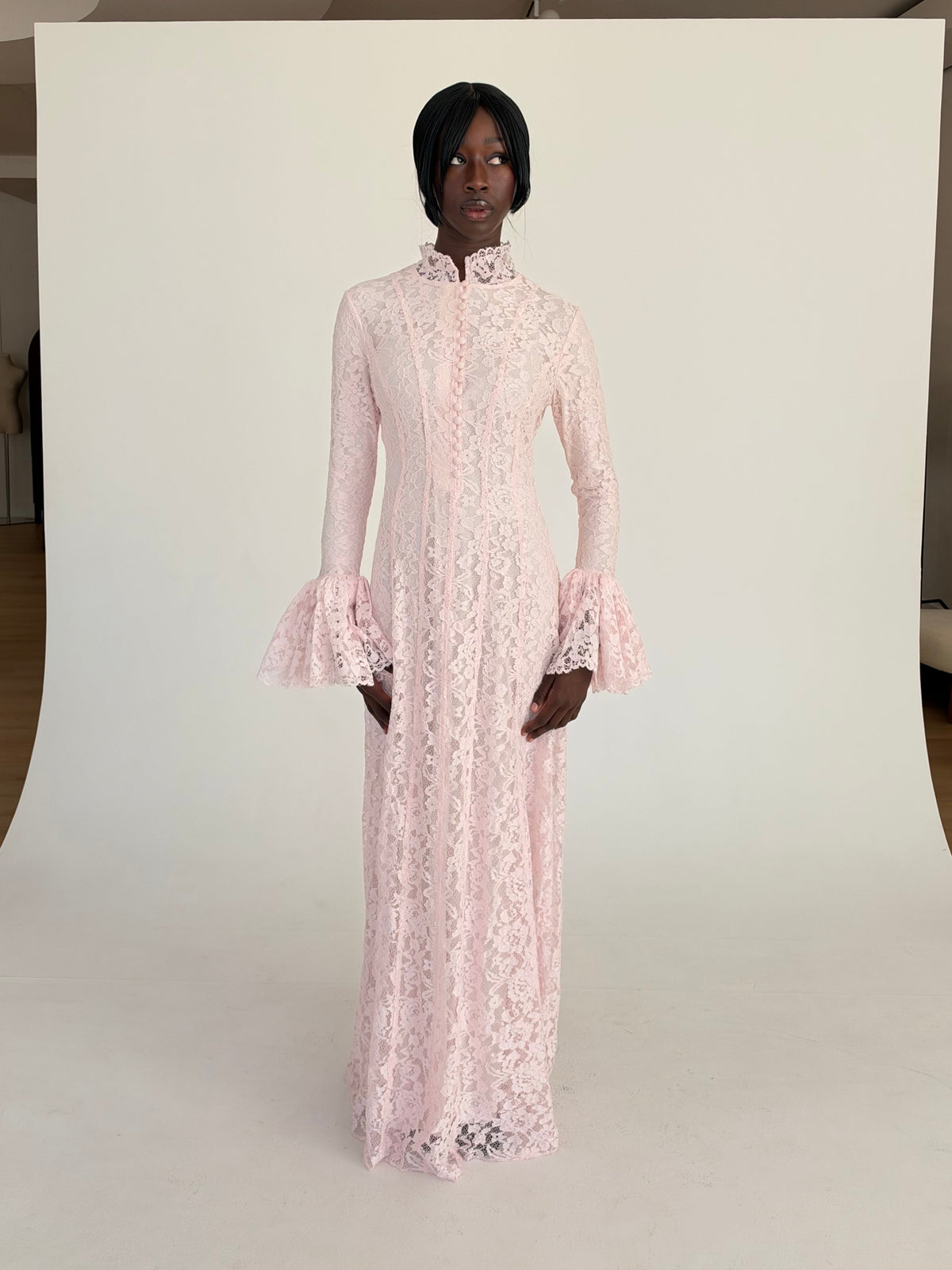 Pink Bell Sleeve Lace Dress